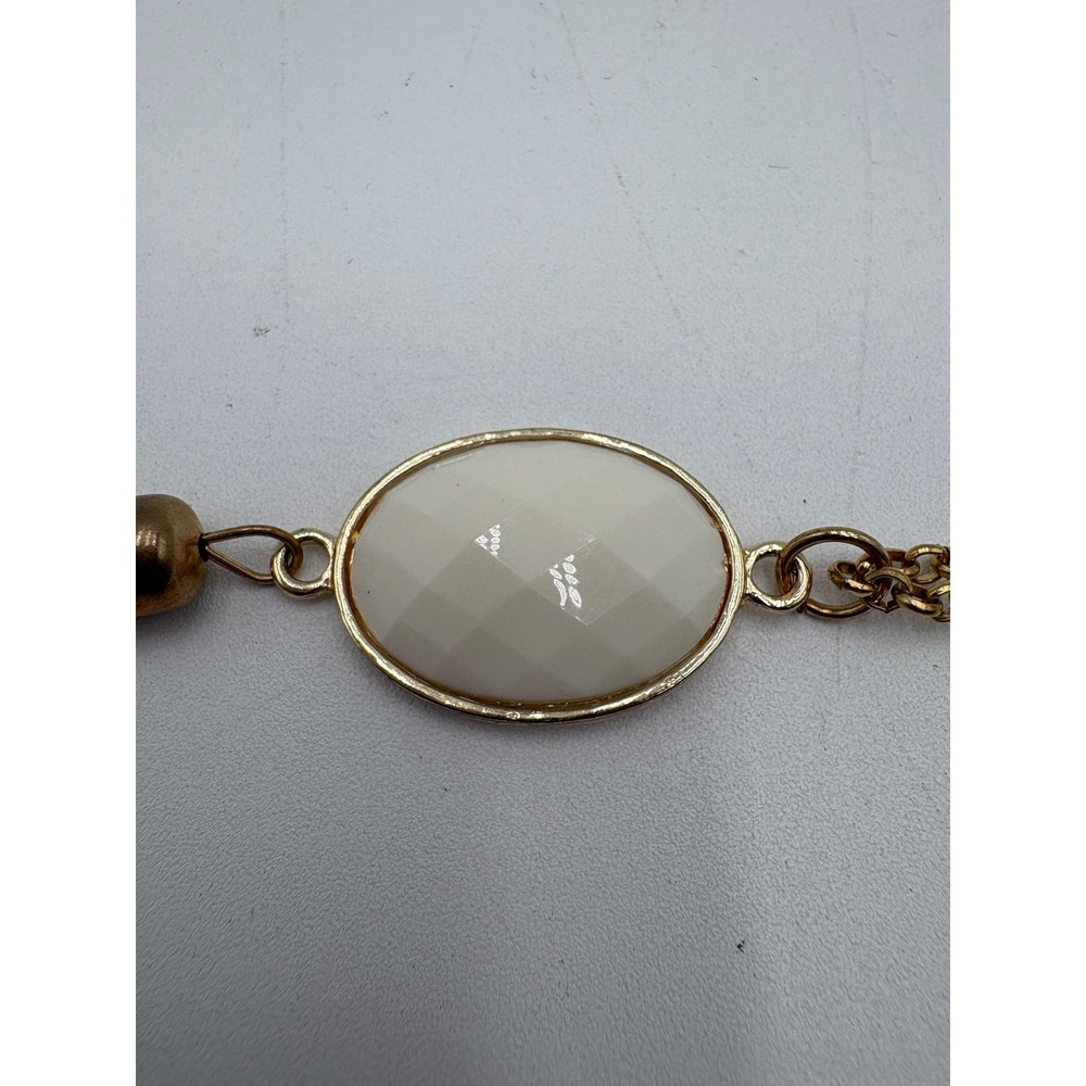 Gold Tone Long Chain Necklace White Faceted Stone Pendant Multi Strand Tassel - Picture 4 of 9